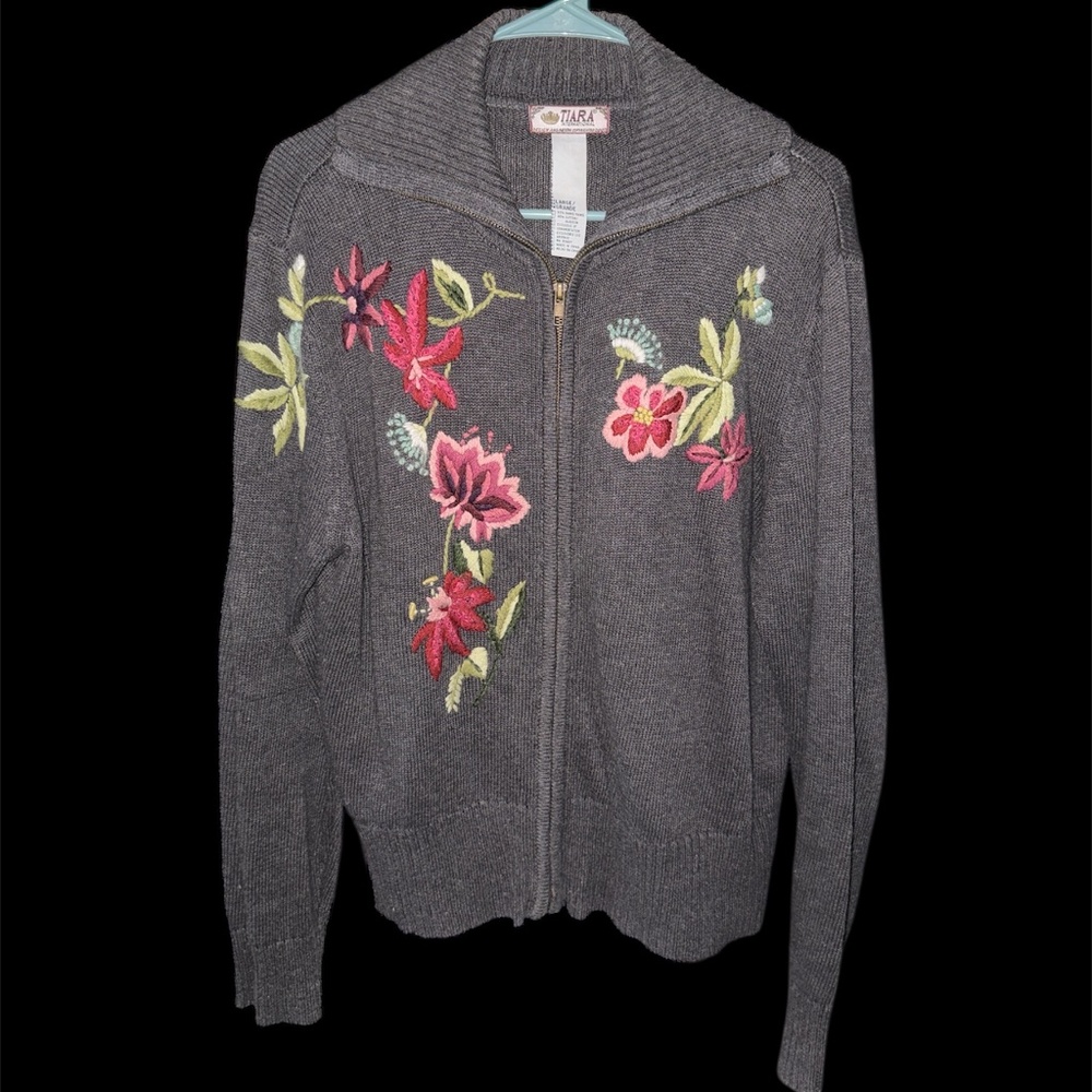 VTG Tiara International Zip Up Cardigan Gray Floral Embroidery Long Sleeve Large